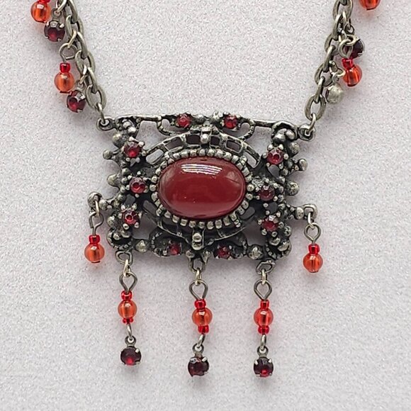 Vintage BOHO Silver Tone Filigree Necklace With Red Gemstone Dangling Beads - Picture 2 of 7